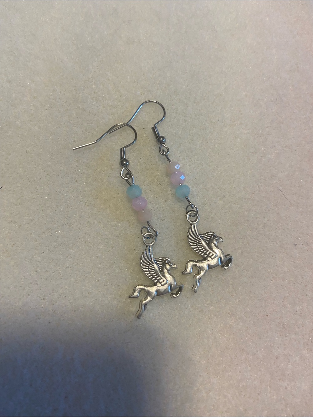 Silver Pegasus Dangle Earrings with Pink & Light Blue Beads